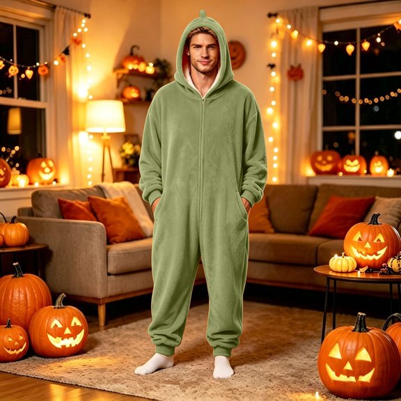 Zenithor Men's Hooded Fleece Onesie Long Sleeve Front Zip One Piece Pajamas Soft Warm Plush Jumpsuit Loungewear Sleepwear Cuffed Pockets L