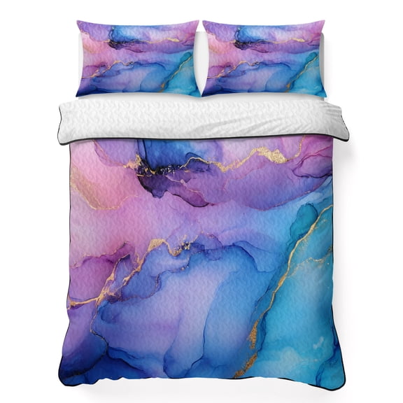Twin XL Quilt - Soft Microfiber Summer Quilt with 2 Pillow Shams, Blue Purple Ombre Lightweight Breathable Bedding Comforter Sets, Marble Modern Ink Painted Abstract Quilted Bedspread for All Season