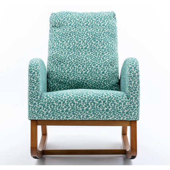 Polyester Fabric Rocking Chair with Side Pocket Mid-Century Modern Nursery Rocking Armchair Upholstered Tall Back Accent Glider Rocker for Living Room(Leopard Teal)