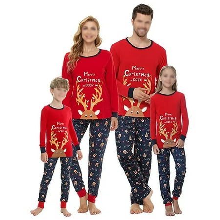 

Beiwei Women Men Kids Xmas Pjs Elk Print PJ Sets Long Sleeve Soft Matching Family Pajamas Set Mommy Dad Child Tops And Pants Holiday Sleepwear Red Child 2T(80)
