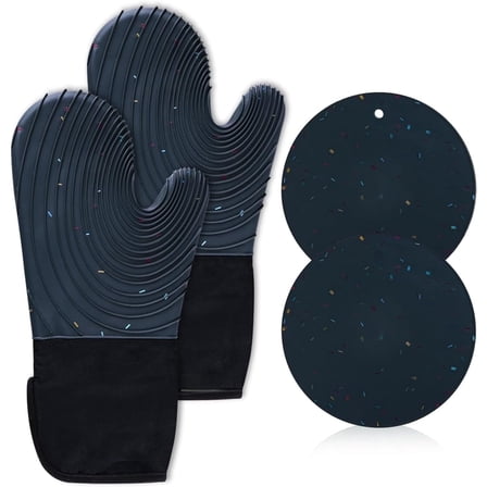 HEETLY 13.5-Inch Extra Long Waterproof Silicone Oven Mitts and Pot Holders, 3-Piece Set, 500°F Heat Resistant, Black