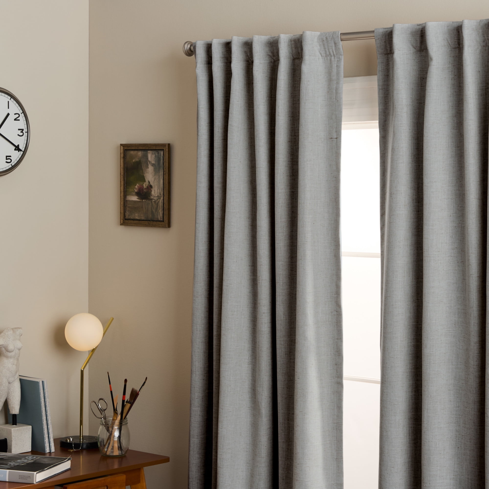 TOWN & COUNTRY LUXE Davos Solid Linen Texture Indoor Curtains, 100% Blackout with Energy Efficient Lining, Back Tab/Rod Pocket Top, 2-Pack Set, Grey, 50"x96"