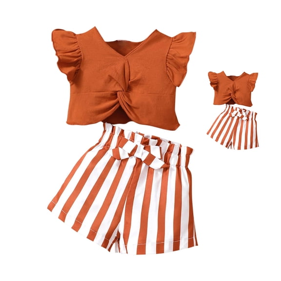 QSXADF Girls Summer Set Ruffle Sleeve T-Shirts And Shorts Striped Girls Short Sleeve Round Neck Shorts Top Lightweight Summer Wear Kids Clothing Set Children Outwear