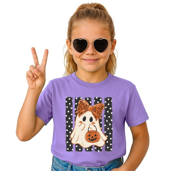 Cute Ghost Halloween Shirt for Girls Leopard Bow Pumpkin, Purple Shirt, 4T