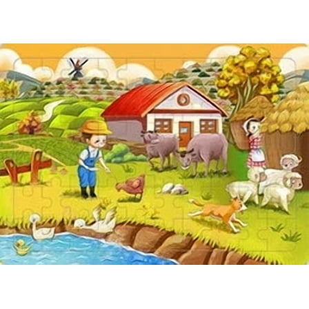 60Pcs Cartoon Wooden Farmhouse Puzzle Toy