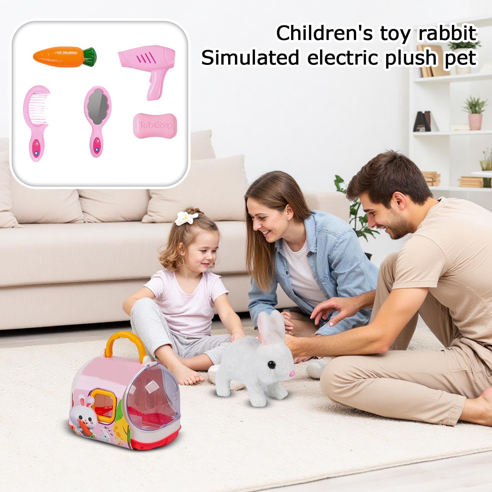 7-Piece Kids Electric Plush Bunny Toy Set with Cage & 5 Accessories - Realistic Walking & Sounding Stuffed Rabbit, Includes Portable Carrier, Carrot, Grooming Tools - For Boys Girls, Suitable Kids' B