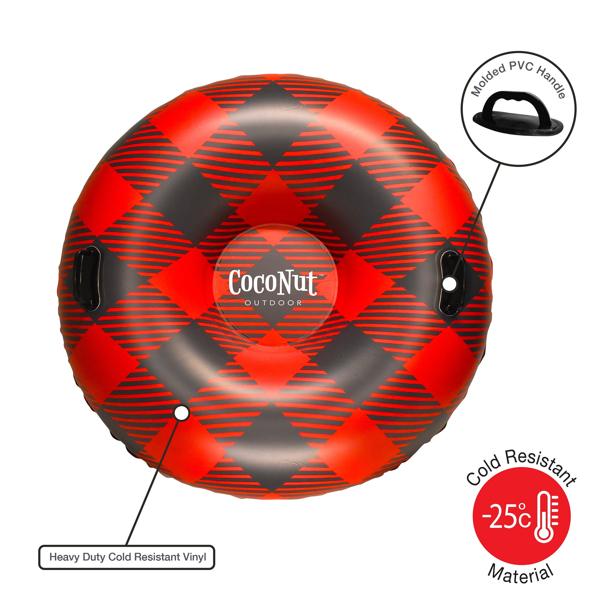 CocoNut Outdoor: Buffalo Plaid - 48" Jumbo Snow Tube - Red & Black Inflatable Ring, Cold Resistant PVC, Winter Sled, 200lb Cap, Kids-Teens-Adults 8+