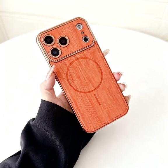 Magnetic Case for iPhone 14 Pro Max, [Compatible with Mag-Safe] Wooden Texture PU Leather Hybrid Durable Protection Slim Shockproof Anti-Scratch Phone Case for iPhone 14 Pro Max, Orange