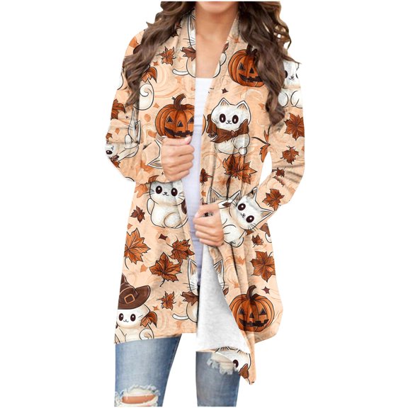 Kezqiaxn Jackets for Women Halloween Long Sleeve Cardigan Fashion Cat Print Loose Casual Jacket Winter Clothes