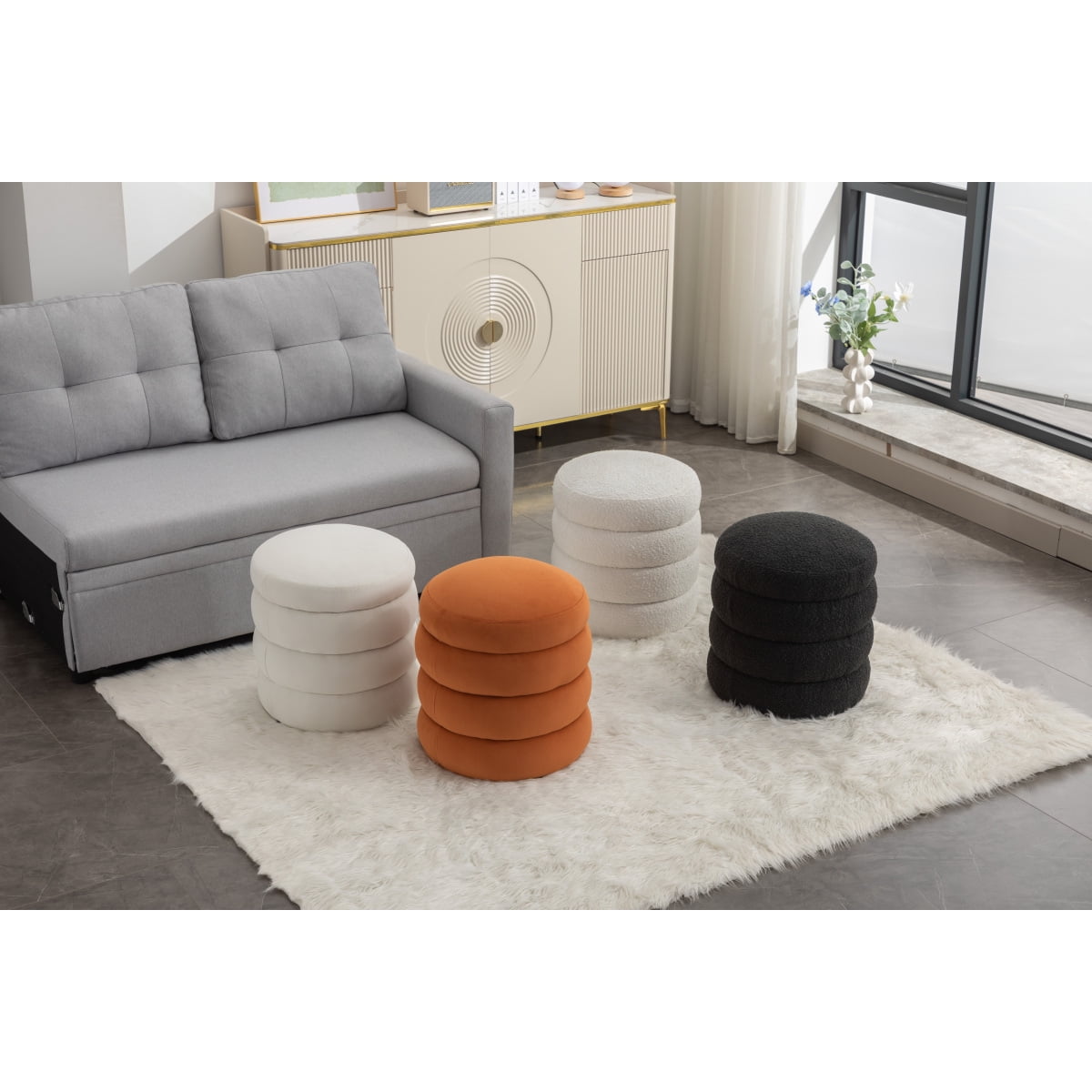 006-Ivory Soft Velvet Round Ottoman Versatile Footrest Stool for Living Room Bedroom