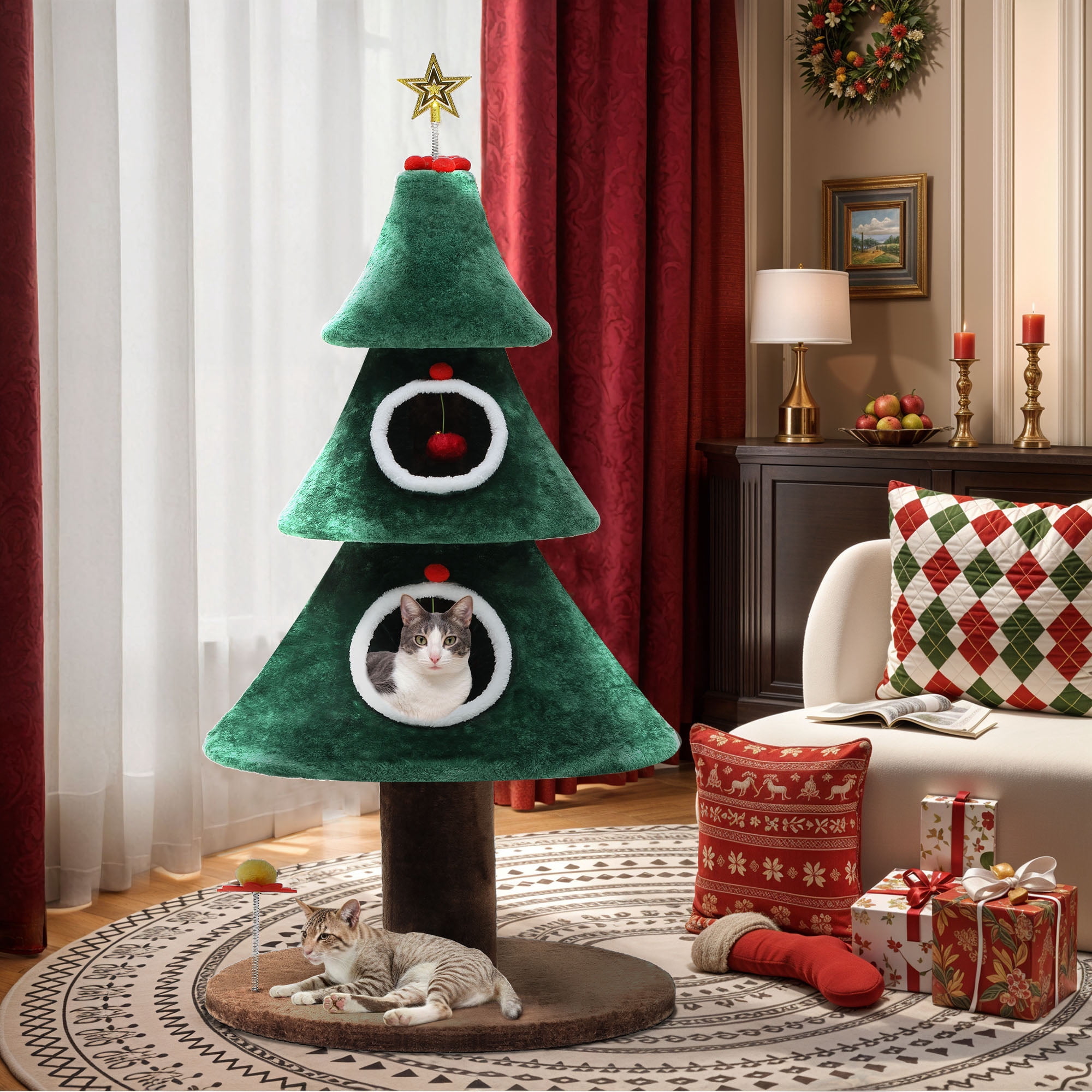 Uforic 52" Large Christmas Cat Tree Tower with 2 Condos &Teaser Plaything, Green