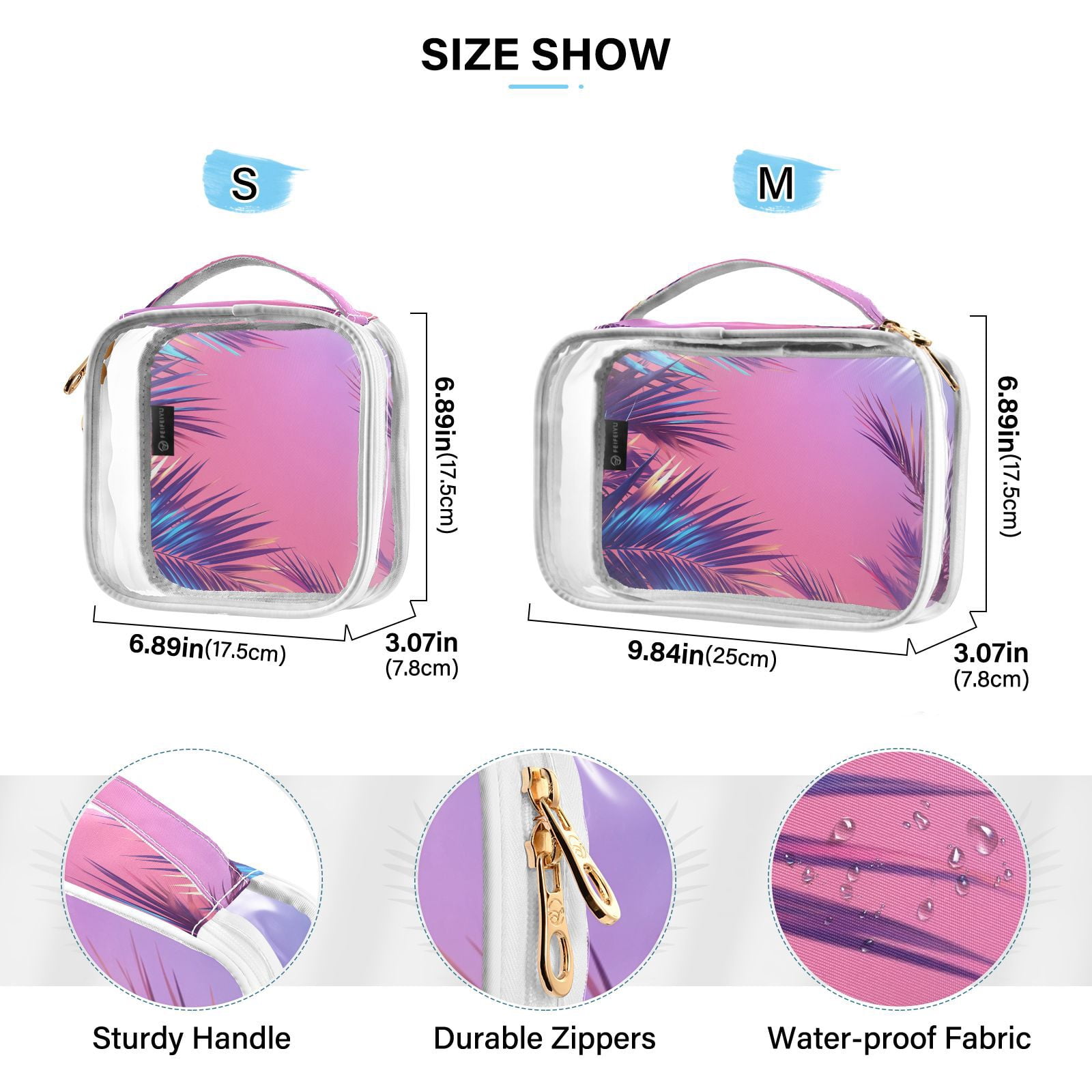 Clear Makeup Bags with Handle Large Opening 2 Pack Set Toiletry Bag Quart Size Bag, for Women Man Traveling Travel Essentials, Toiletries and Other. Neon Color Tropical Plant