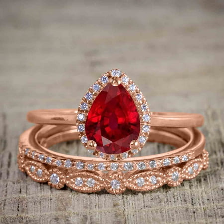 Affordable 2.50 Carat Pear cut Real Ruby and Cubic Antique Wedding Trio Ring Set in Silver with Rose Gold