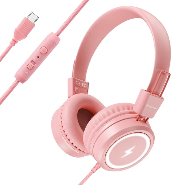 Auriculares Bywulanda Kids con luces LED y micrófono USB-C, color rosa