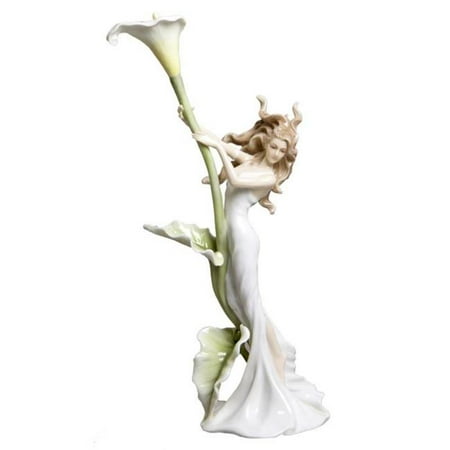 Flower Design Sculptured Porcelain - 12.5 Inch Glazed Porcelain Nymph in Long Dress with Calla Lily