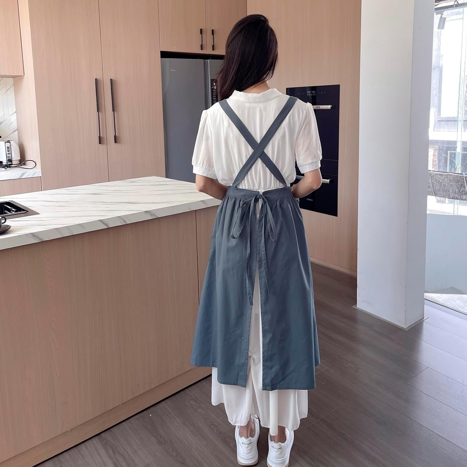 アトリエGG Pinny(aprondress) 16 Pinafore Apron Dress，Japanese Cotton Linen Cross Back Apron for
