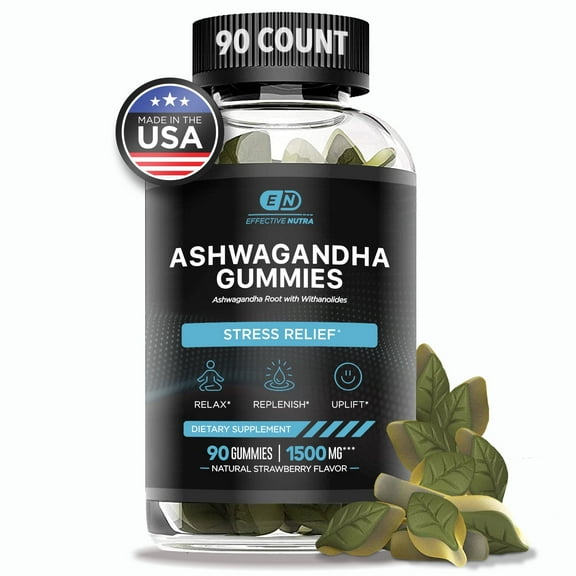 Effective Nutra Ashwagandha Gummies 1500mg - Relax, Replenish, Uplift - Stress Relief, Sleep Aid, Calm Mood, Energy & Immunity - Ashwagandha Gummies for Women & Men - Natural Strawberry Flavor 90 Ct