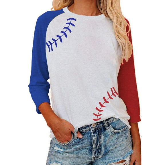 Fall Saving QUINDOS Women Graphic T Shirts 3/4 Sleeve Womens Tops White Crew Neck Casual Patchwork Baseball Regular Fit Tops