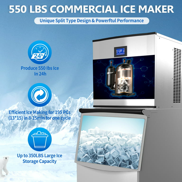 TECSPACE 110V Commercial Ice Maker 550LBS/24H，Ice Machine with 1200W Ultra  Strong Compressor,265LBS Storage Bin,182 PCS Ice Cubes,Include Ice  Spoon,Water Filter,Hoses 