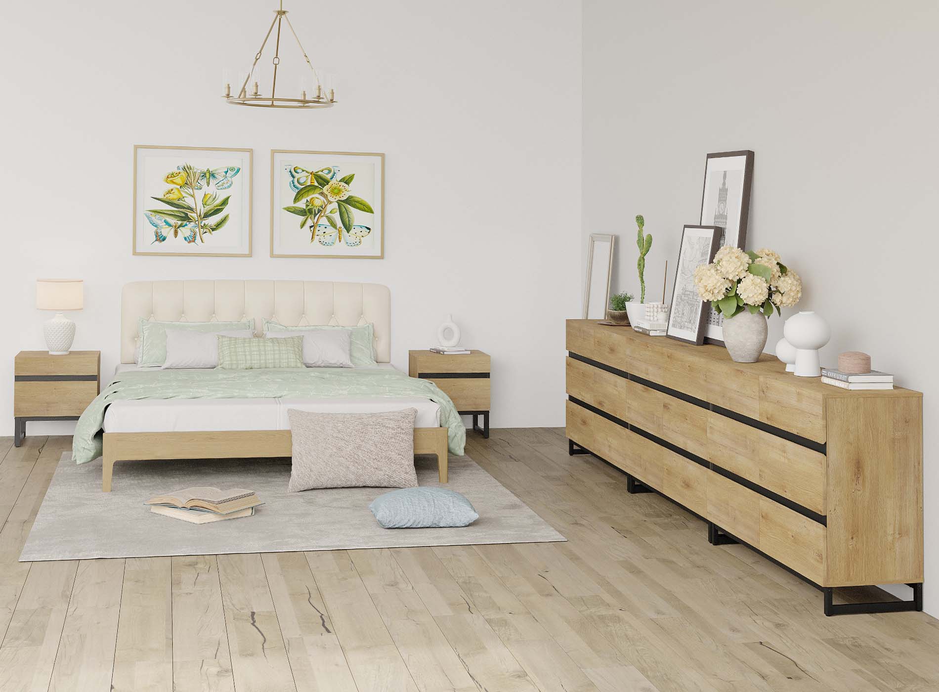 WAMPAT 5-Piece Bedroom Set, Modern 142" 18-Drawer Dresser & 2 Nightstands (2 Drawers Each)