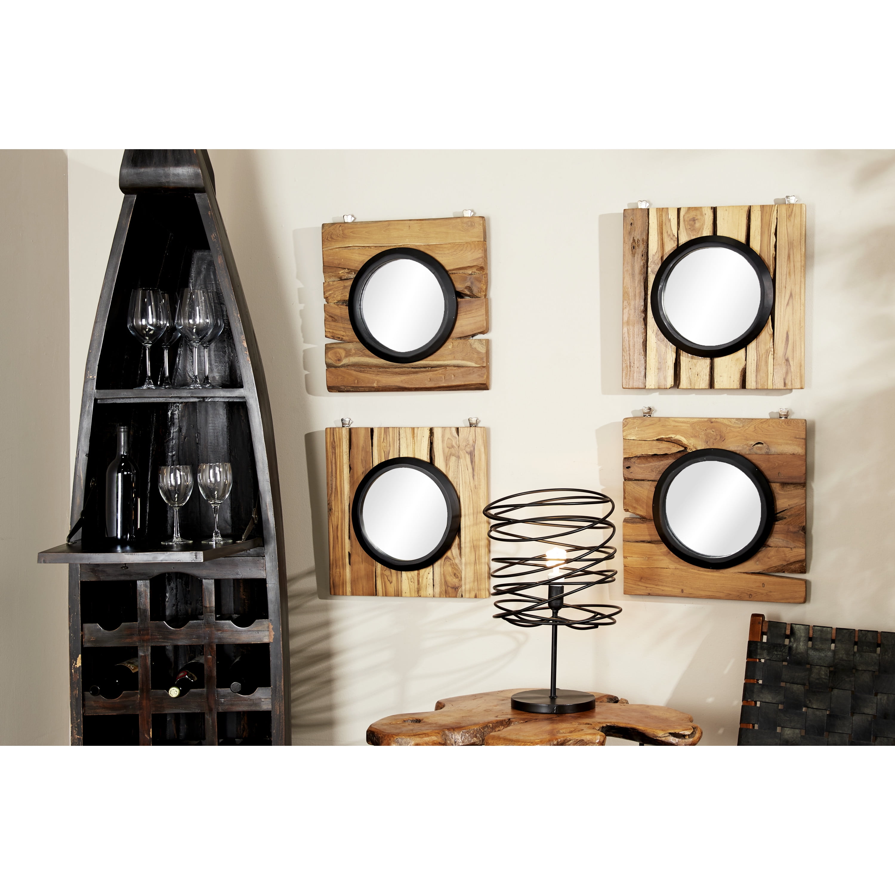 DecMode 18"W, 18"H Brown Handmade Wall Mirror, Set of 4