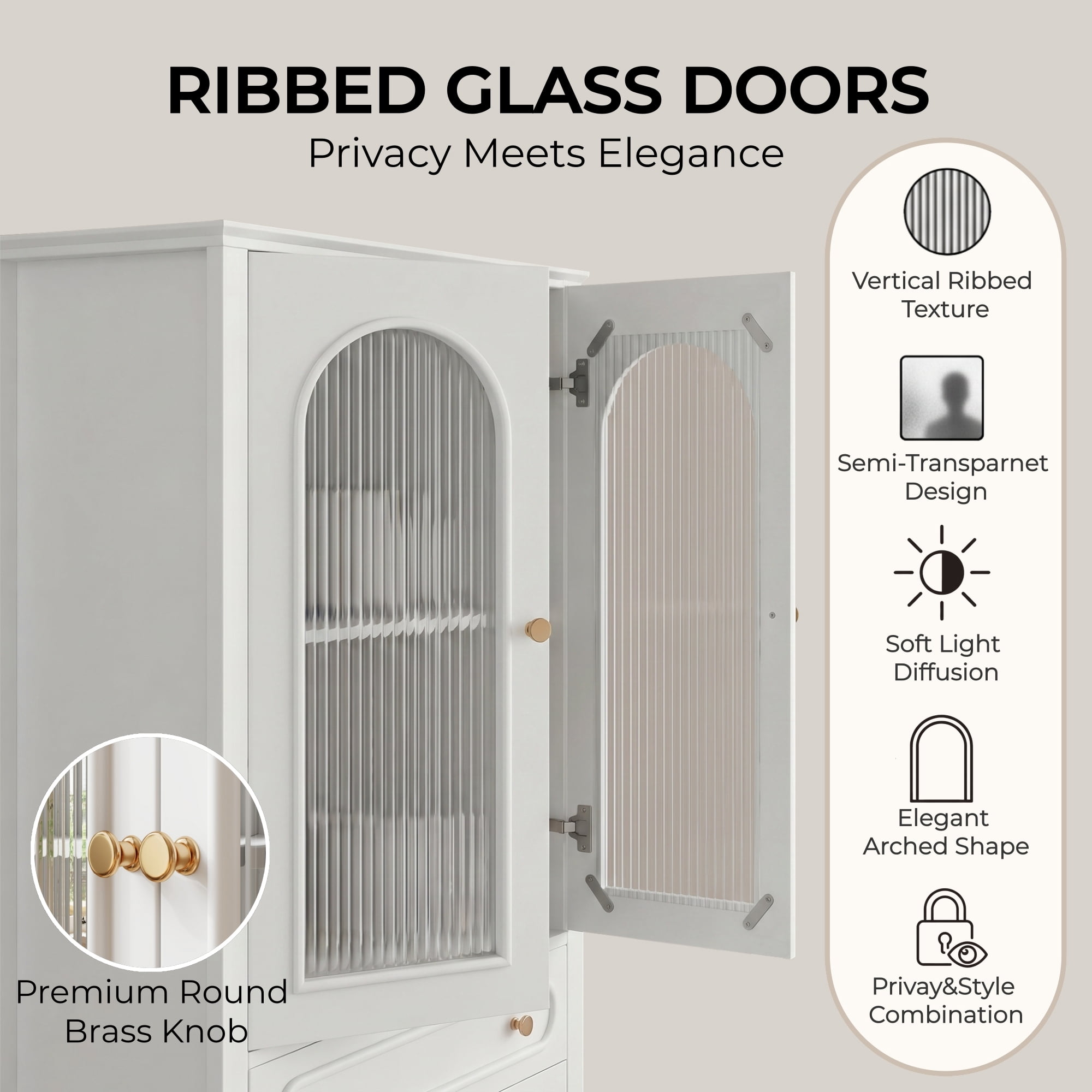 Leumius 46.5" Glass Display Cabinet with Ribbed Glass Doors,Wooden Curio Cabinet with 2 Drawers and Adjustable Shelf, Freestanding Buffet Cabinet Unit for Living Room Dining Room White