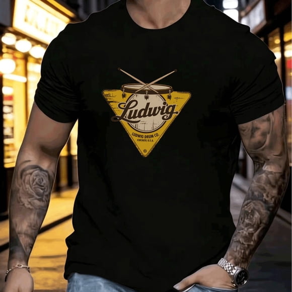 T-Shirt pour Hommes à Logo Ludwig Drum - Haut à Col Rond à Manches Courtes avec Imprimé Emblématique de la Marque Ludwig, Lavable à la Machine, Convient à Toutes les Saisons, Cadeau de Marchandise de Groupe pour Batteurs et Amateurs de Musique, Tenue Décontractée pour
