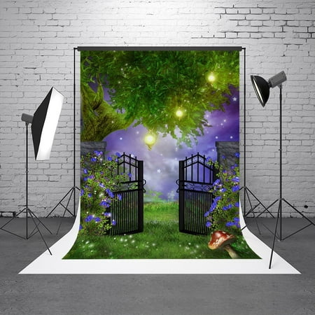Image of GreenDecor 5X7ft Bright Sky Stars Old Tree Backdrop Grass Mushroom Child Photography Background for Photo Booth Prop