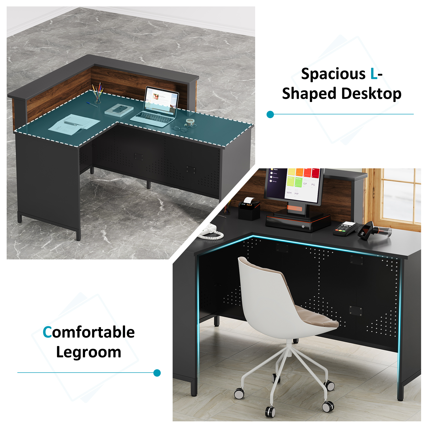 Condemo 60'' L-Shaped Reception Desk with LED Lights, Modern Front Desk, Checkout Counter Table for Office, Lobby, Cafe, Beauty Salon, Black and Walnut
