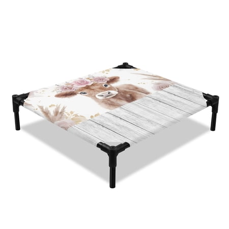 Brown Baby Calf Elevated Dog Bed Rustic Farmhouse Pink Flower Wreath Wood Slat Cooling Breathable Outdoor Raised Dog Cot Bed with Metal Frame Non-Slip Feet for Small Dog 20x20in