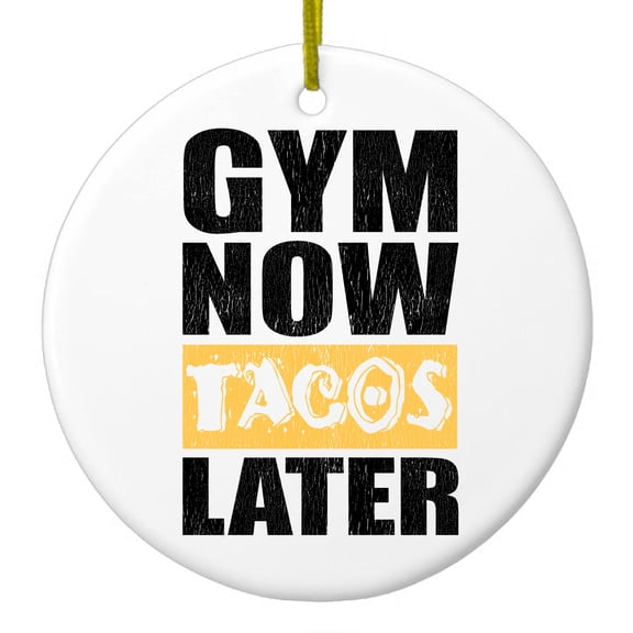 DistinctInk Hanging Ceramic Christmass Tree Ornament with Gold String - Great Gift / Present - 2 3/4 inch diameter - Gym Now Tacos Later