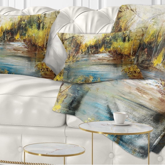 Designart Lake in Forest Oil Painting - Landscape Painting Throw Pillow - 12x20