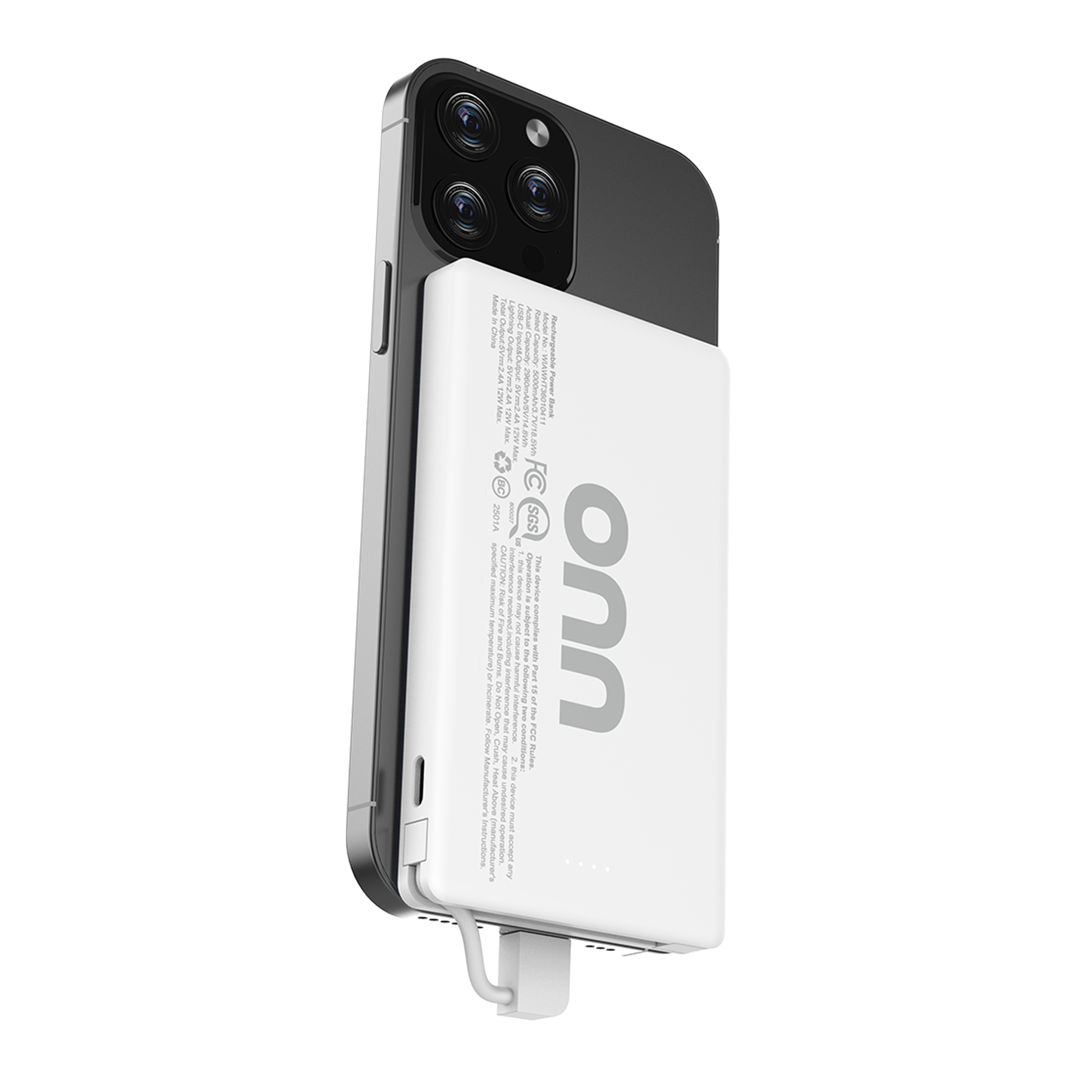 Batería portátil onn de 5,000 mAh con cable USB-C integrado, anillo magnético, Blanco - Compatible con iPhone serie 17/16/15, dispositivos Samsung, Pixel, iPad Pro y más (solo carga por cable) 7