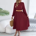 thumbnail image 6 of Women's Long Sleeve A-Line Flowy Pleated Midi Dress Round Neck Belted Waist Pockets Casual Dress, 6 of 7