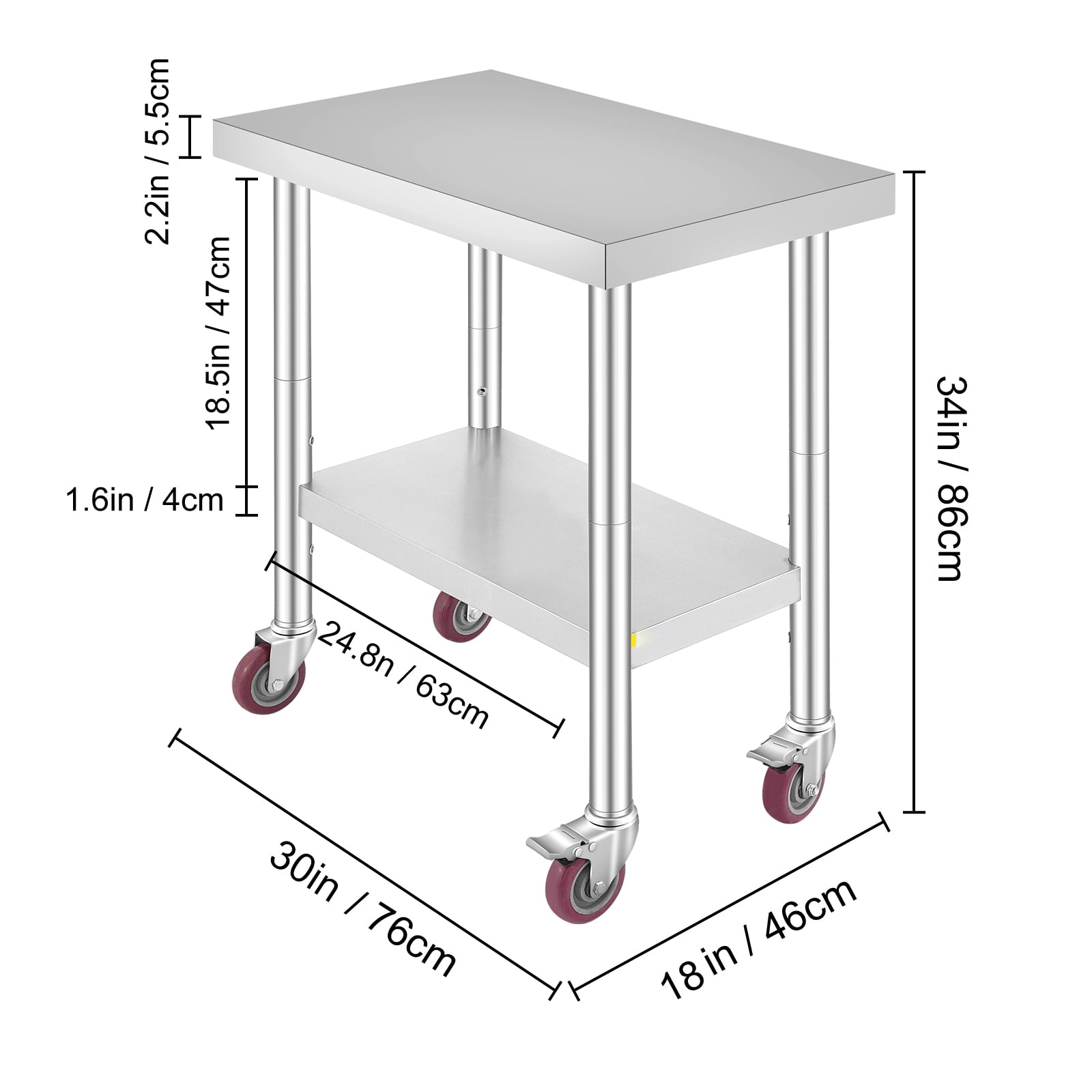 VEVOR Stainless Steel Work Table 30 x 18 x 34 In 4 Wheels Food Prep Commercial Grade 2 Layers