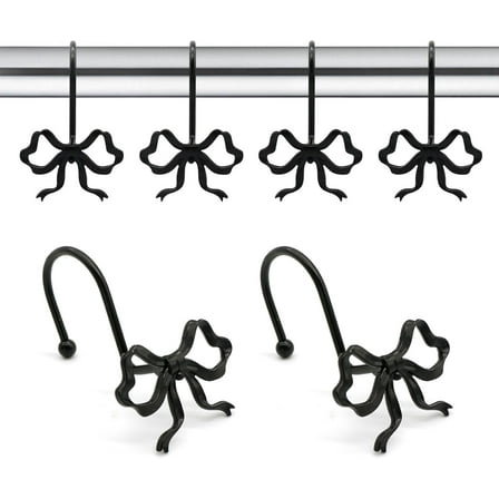 Bow Knot Decorative Shower Curtain Hooks, Black Shower Rings for Shower Curtain Rods Babys Girls Room Bathroom Rustproof Shower Hooks Hangers