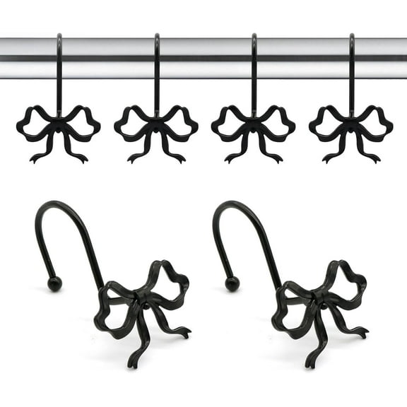 Bow Knot Decorative Shower Curtain Hooks, Black Shower Rings for Shower Curtain Rods Babys Girls Room Bathroom Rustproof Shower Hooks Hangers