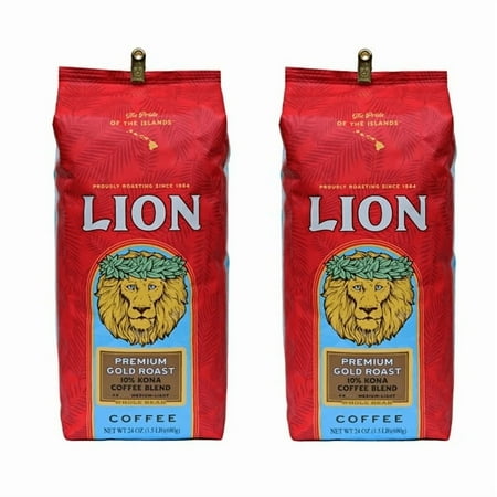 Lion Coffee Premium Gold Roast Whole Bean Coffee, 10% Kona Blend, Medium-Light Roast, 24 oz 2-Pack
