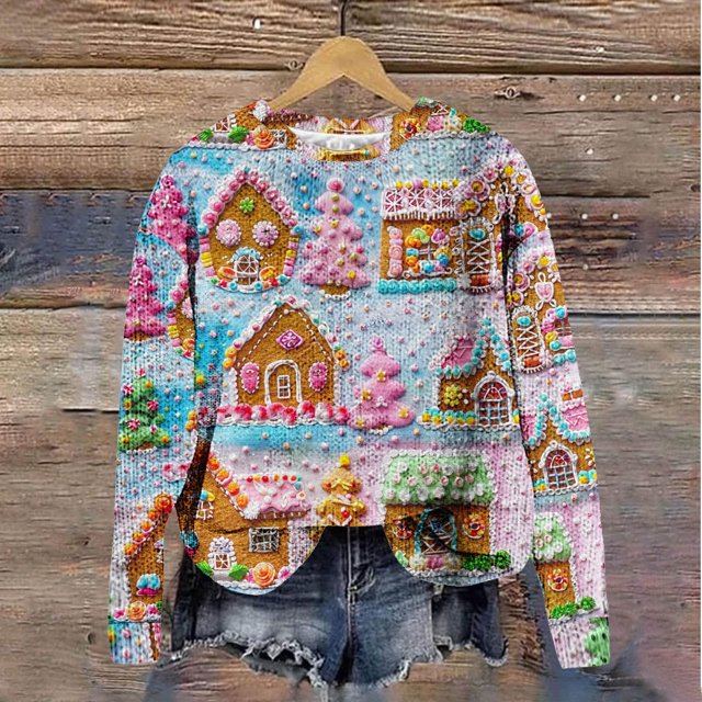 PEONAVET Chandail Col Rond pour Femmes Noël Mode Imprimé Décontracté Manches Longues Dames Chandail Ample Sans Capuche Blouse