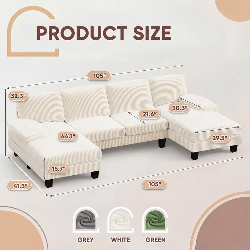 Vineego 105" Cloud U-shape Sectional Sofa Modern Modular Oversized Couches for Living Room,No Assembly Required,Corduroy Beige