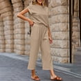 thumbnail image 4 of Ladies Casual Outfits Womens Two Piece Vacation Outfits Casual Short Sleeve Pullover Tops and Wide Leg Cropped Pant Loungewear Knit Sets Khaki XXL, 4 of 9