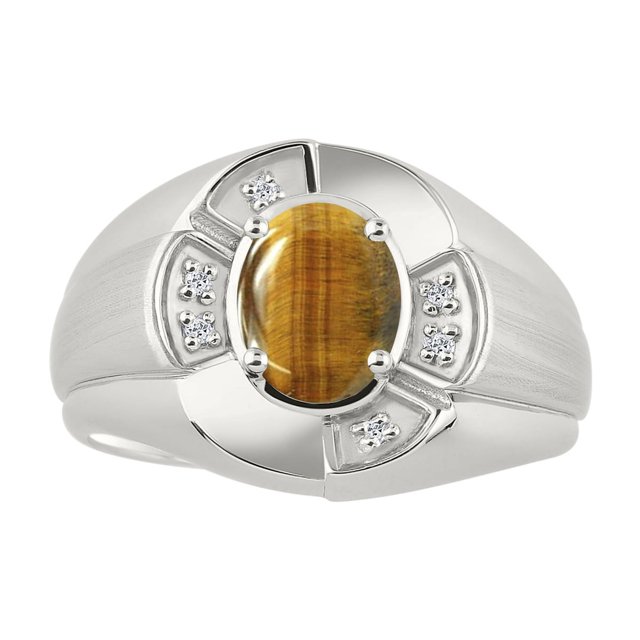 RYLOS Sterling Silver Ring 8X6MM Oval Gemstone & Diamond Unisex Rings Tiger Eye November Birthstone Ring Size 9