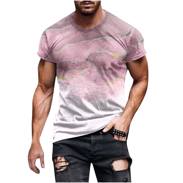 Mens Casual Pantalones Cortos Raya Impresión Suéter Fitness Deportes Camiseta, Poliéster Cuello Redondo Blusa para Al Aire Libre, Diario Y Primavera Verano Desgaste