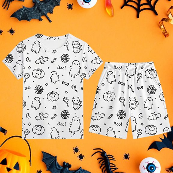 Toddler Boys' 2-Piece Outfit Set Crew Neck Short Sleeve Print Tops and Shorts Halloween Sleepwear Set Size 3-4T ,White