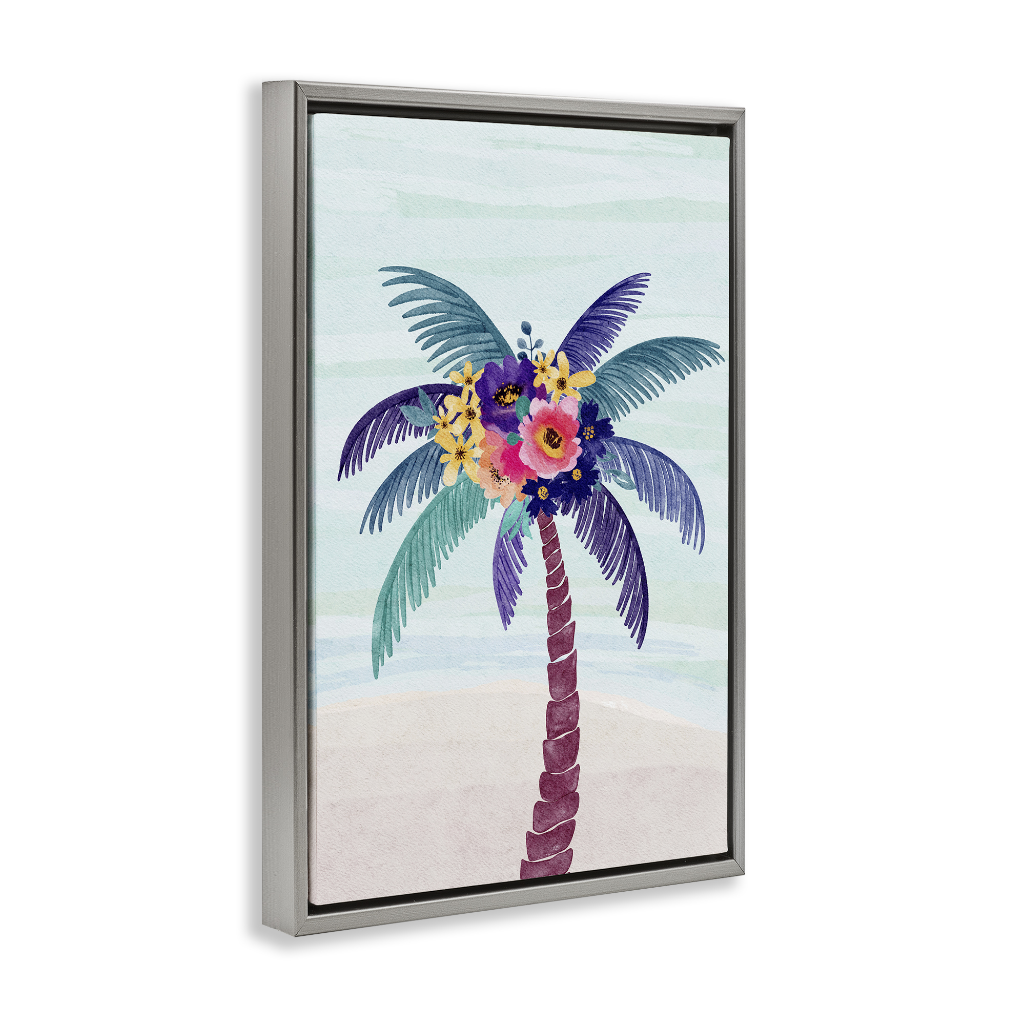 Stupell Industries Floral Palm Tree Beach Plants & Flowers Painting Gray Floater Framed Canvas Art Print Wall Art, 17 x 25