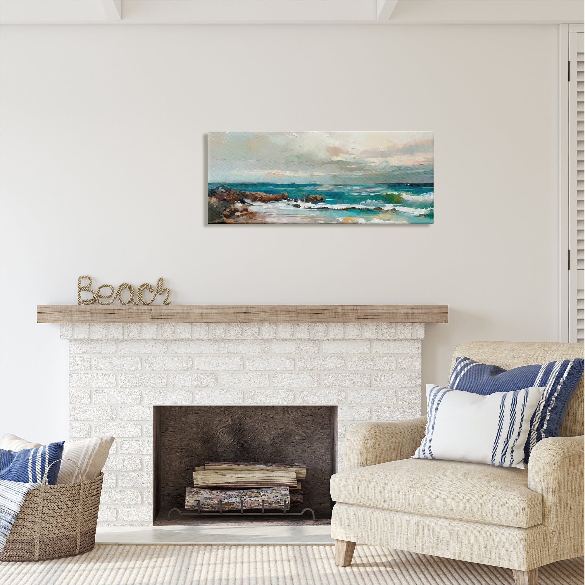 Stupell Industries Rocky Ocean Waves Landscape Painting Gallery Wrapped Canvas Art Print Wall Art, 40 x 17