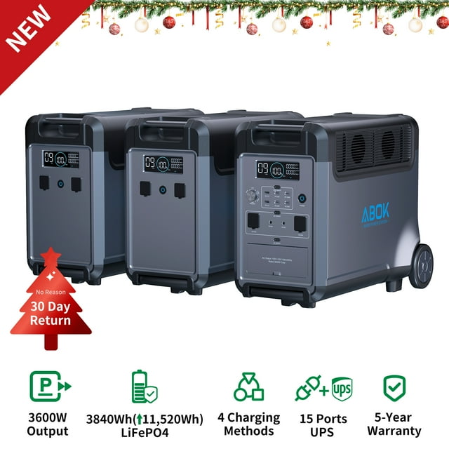 ABOK Ark3600 Solar Generator With Two Extra Battery Pack 3840B, Expandable to 11520Wh, Power Station for Home Backup Activity
