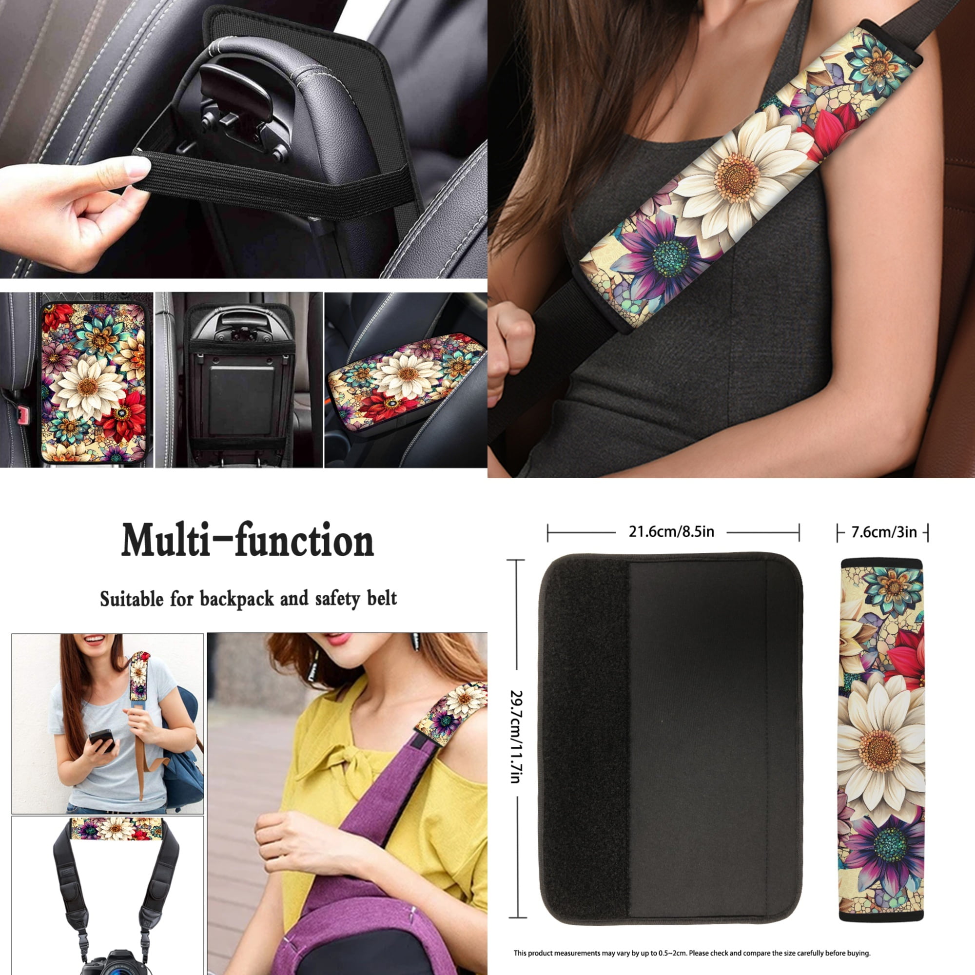 Jeiento Dahlia Car Seat Cover Full Set with Steering Wheel Cover Seat Belt Cover Armrest Cover Coaster Auto Keychain Holder Lip Balm Holder, 13 PCS Automobile Accessories Decor
