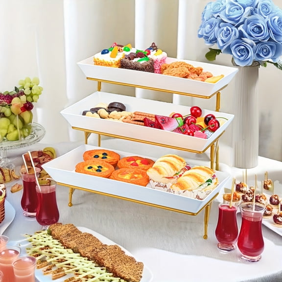 3-Tier Large Rectangular Serving Tray Set - Golden Metal Stand & Food-Safe PP Trays, Heavy-Duty Space-Saving Display for Fruit Desserts Appetizers, Kitchen Parties Weddings Buffets (Easy-Clean)