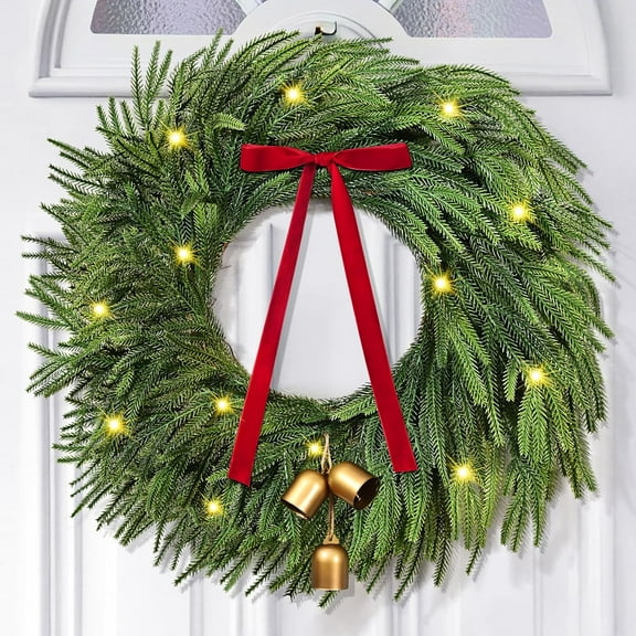 Waipfaru Christmas Wreath with Lights,24 inch Pre-lit Artificial Holiday Wreath with Bow & Bells, Battery Operated, Front Door Christmas Decorations Indoor Outdoor